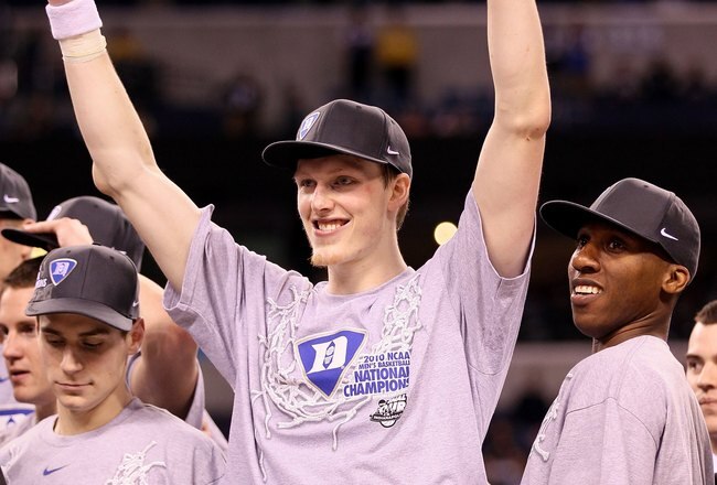 INDIANAPOLIS - APRIL 05:  Kyle Singler #12 and Nolan Smith #2 (R) of the Duke Blue Devils reacts as he celebrates after Duke won 61-59 against the Butler Bulldogs during the 2010 NCAA Division I Men's Basketball National Championship game at Lucas Oil Stadium on April 5, 2010 in Indianapolis, Indiana.  (Photo by Andy Lyons/Getty Images)