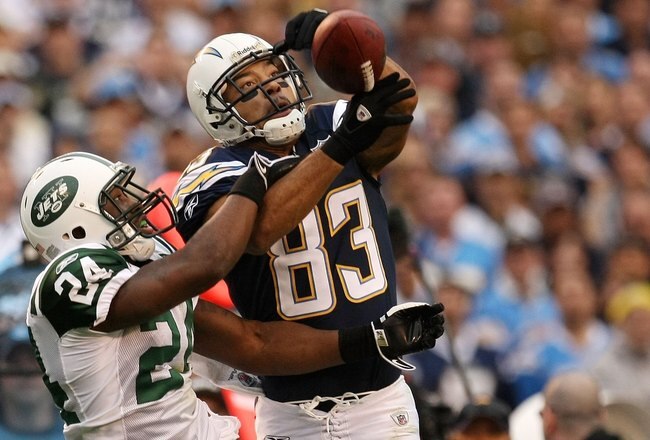SAN DIEGO - JANUARY 17:  Wide receiver Vincent Jackson #83 of the San Diego Chargers goes up for a catch against Darrelle Revis #24 of the New York Jets during  AFC Divisional Playoff Game at Qualcomm Stadium on January 17, 2010 in San Diego, California. Revis intercepted the pass on a deflection.  (Photo by Stephen Dunn/Getty Images)