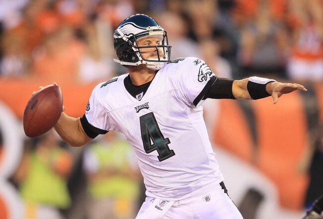 CINCINNATI - AUGUST 20:  Kevin Kolb #4 of the Philadelphia Eagles throws a pass during the NFL preseason game against the Cincinnati Bengals at Paul Brown Stadium on August 20, 2010 in Cincinnati, Ohio.  (Photo by Andy Lyons/Getty Images)