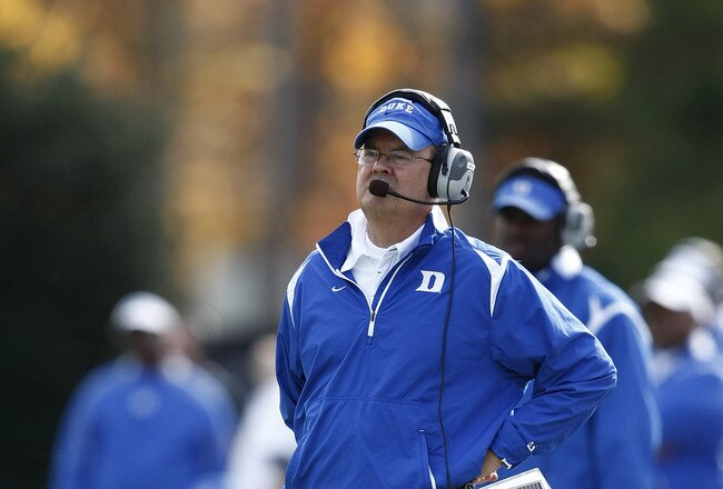 DURHAM, NC - NOVEMBER 14:  Head coach David Cutcliffe of the Duke Blue Devils looks on against the Georgia Tech Yellow Jackets at Wallace Wade Stadium on November 14, 2009 in Durham, North Carolina. (Photo by Joe Robbins/Getty Images)