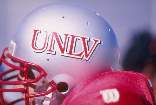 28 Sep 1996: A general shot of the UNLV Running Rebels helmet as warn by a player on the sideline during the Rebels 33-21 loss to the Cowboys at Sam Boyd Stadium in Las Vegas, Nevada.  Mandatory Credit: Todd Warshaw  /Allsport