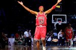LAS VEGAS - FEBRUARY 17:  Scottie Pippen of the Chicago team celebrates after sinking a half-court shot in the Haier Shooting Stars Competition during NBA All-Star Weekend on February 17, 2007 at Thomas & Mack Center in Las Vegas, Nevada.  NOTE TO USER: User expressly acknowledges and agrees that, by downloading and or using this photograph, user is consenting to the term and conditions of the Getty Images License Agreement.  (Photo by Jed Jacobsohn/Getty Images)