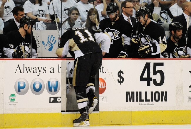 PITTSBURGH - APRIL 30:  Jordan Staal #11 of the Pittsburgh Penguins leaves the ice favoring one leg after a collision against the Montreal Canadiens in Game One of the Eastern Conference Semifinals during the 2010 NHL Stanley Cup Playoffs on April 30, 2010 at Mellon Arena in Pittsburgh, Pennsylvania.  (Photo by Jamie Sabau/Getty Images)