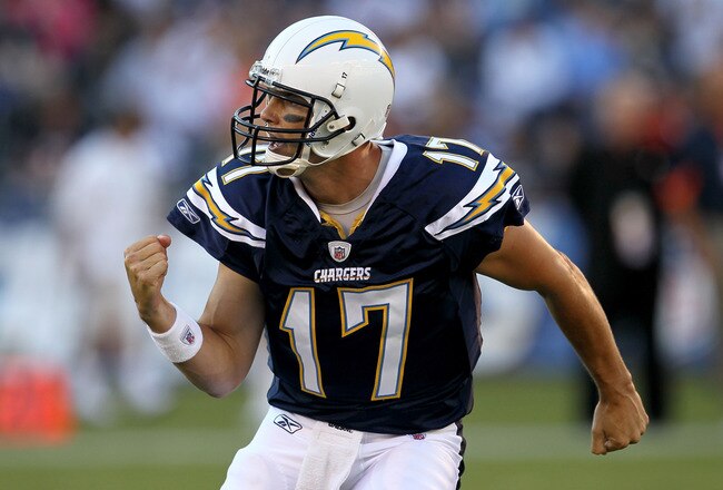 SAN DIEGO - AUGUST 14:  Quarterback Philip Rivers #17 of the San Diego Chargers celebrates after throwing a 28 yard touchdown pass in the first quarter against the Chicago Bears on August 14, 2010 at Qualcomm Stadium in San Diego, California.  (Photo by Stephen Dunn/Getty Images)
