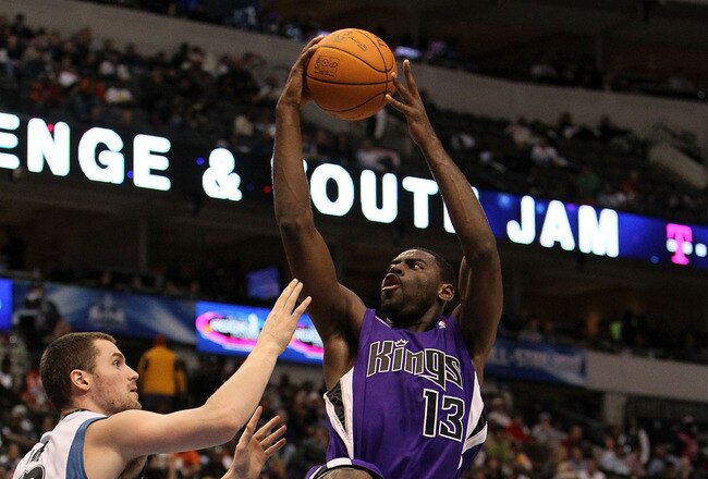 DALLAS - FEBRUARY 12:  Tyreke Evans #13 of the Rookie team shoots against Kevin Love #42 and Russell Westbrook #0 of the Sophomore team during the second half of the T-Mobile Rookie Challenge & Youth Jam part of 2010 NBA All-Star Weekend at American Airlines Center on February 12, 2010 in Dallas, Texas. NOTE TO USER: User expressly acknowledges and agrees that, by downloading and or using this photograph, User is consenting to the terms and conditions of the Getty Images License Agreement.  (Photo by Jed Jacobsohn/Getty Images)