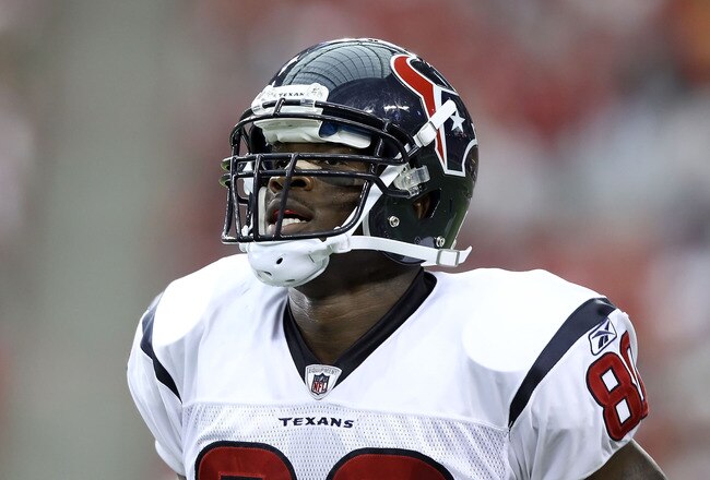 GLENDALE, AZ - AUGUST 14:  Wide receiver Andre Johnson #80 of the Houston Texans during preseason NFL game against the Arizona Cardinals at the University of Phoenix Stadium on August 14, 2010 in Glendale, Arizona.  The Cardinals defeated the Texans 19-16.  (Photo by Christian Petersen/Getty Images)