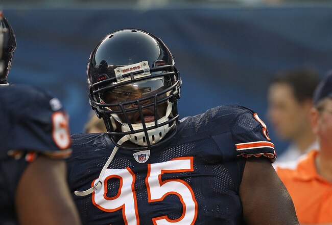 CHICAGO - AUGUST 21: Anthony Adams #95 of the Chicago Bears warms-up before a preseason game against the Oakland Raiders at Soldier Field on August 21, 2010 in Chicago, Illinois. The Raiders defeated the Bears 32-17.  (Photo by Jonathan Daniel/Getty Images)