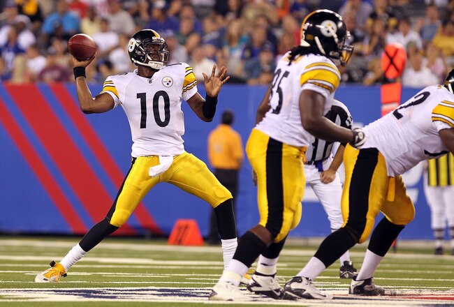 EAST RUTHERFORD, NJ - AUGUST 21:  Dennis Dixon #10 of the Pittsburgh Steelers drops back to pass against the New York Giants during their preseason game at New Meadowlands Stadium on August 21, 2010 in East Rutherford, New Jersey.  (Photo by Nick Laham/Getty Images)