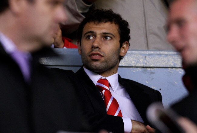 LIVERPOOL, ENGLAND - AUGUST 19:  Javier Mascherano of Liverpool looks on from the stands during the UEFA Europa League play-off first leg match beteween Liverpool and Trabzonspor at Anfield on August 19, 2010 in Liverpool, England.  (Photo by Alex Livesey/Getty Images)
