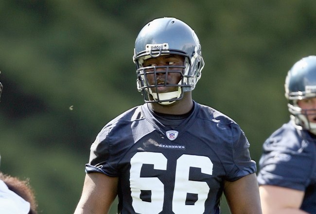 KIRKLAND, WA - MAY 04:  Guard Mansfield Wrotto #66 of the Seattle Seahawks moves on field during mini camp on May 4, 2008 at Seahawks Headquarters in Kirkland, Washington. (Photo by Otto Greule Jr/Getty Images)