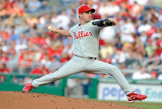 WASHINGTON - JULY 30:  Roy Oswalt #44 of the Philadelphia Phillies pitches against the Washington Nationals at Nationals Park on July 30, 2010 in Washington, DC.  (Photo by Greg Fiume/Getty Images)
