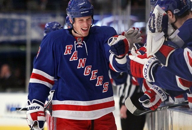 NEW YORK - FEBRUARY 04:  Marc Staal #18 of the New York Rangers celebrates against the Washington Capitals on February 4, 2010 at Madison Square Garden in New York City.  (Photo by Jim McIsaac/Getty Images)