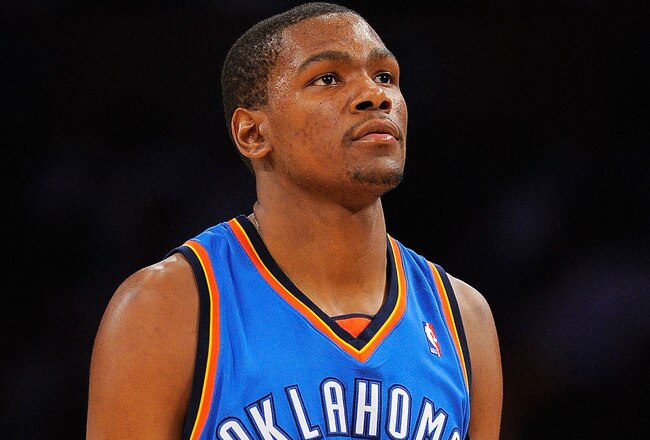 LOS ANGELES, CA - APRIL 27:  Kevin Durant #35 of the Oklahoma City Thunder reacts in the second half during Game Five of the Western Conference Quarterfinals of the 2010 NBA Playoffs agains the Los Angeles Lakers at Staples Center on April 27, 2010 in Los Angeles, California.  (Photo by Kevork Djansezian/Getty Images)
