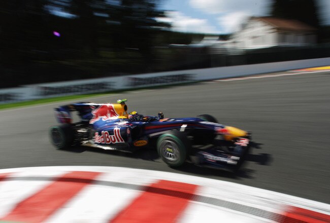 SPA FRANCORCHAMPS, BELGIUM - AUGUST 28:  Mark Webber of Australia and Red Bull Racing drives thru Eau Rouge on his way to finishing first during qualifying for the Belgian Formula One Grand Prix at the Circuit of Spa Francorchamps on August 28, 2010 in Spa Francorchamps, Belgium.  (Photo by Mark Thompson/Getty Images)