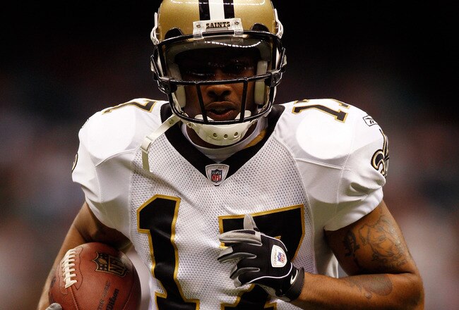 NEW ORLEANS - AUGUST 21:  Robert Meachem #17 of the New Orleans Saints warms up during pregame before playing the Houston Texans at the Louisiana Superdome on August 21, 2010 in New Orleans, Louisiana.  (Photo by Chris Graythen/Getty Images)