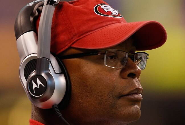 INDIANAPOLIS, IN - AUGUST 15: Mike Singletary of the San Francisco 49ers looks on during the preseason game against the Indianapolis Colts at Lucas Oil Stadium on August 15, 2010 in Indianapolis, Indiana.  (Photo by Scott Boehm/Getty Images)