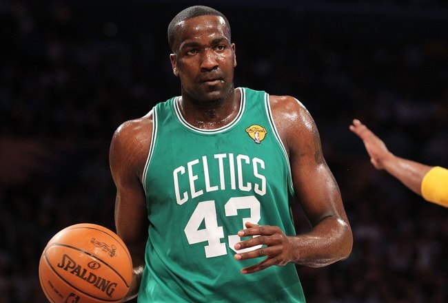 LOS ANGELES, CA - JUNE 15:  Kendrick Perkins #43 of the Boston Celtics looks on while taking on the Los Angeles Lakers in Game Six of the 2010 NBA Finals at Staples Center on June 15, 2010 in Los Angeles, California.  NOTE TO USER: User expressly acknowledges and agrees that, by downloading and/or using this Photograph, user is consenting to the terms and conditions of the Getty Images License Agreement.  (Photo by Ronald Martinez/Getty Images)