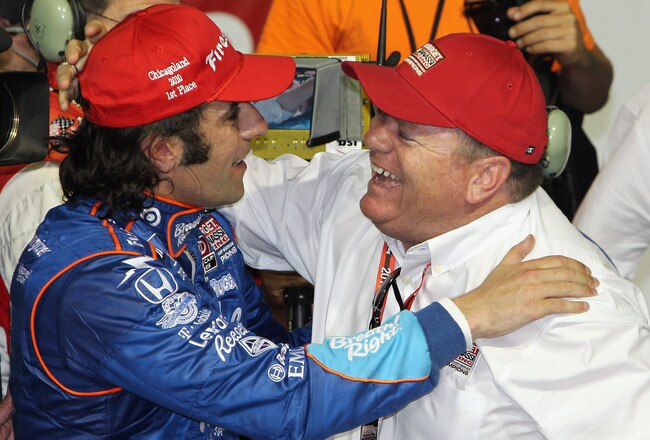 CHICAGO - AUGUST 28:  Dario Franchitti of Scotland, driver of the #10 Breathe Right Target Chip Ganassi Racing Dallara Honda, celebrates with team owner Chip Ganassi after winning the IndyCar Series PEAK Antifreeze and Motor Oil Indy 300 at Chicagoland Speedway on August 28, 2010 in Chicago, Illinois.  (Photo by Jonathan Ferrey/Getty Images)