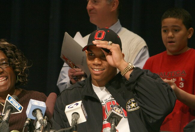 JEANNETTE, PA - MARCH 19:  Terrelle Pryor of Jeannette High School, regarded as the nations top prep quarterback, announces his choice of college as Ohio State University on March 19, 2008 at a news conference held at the Jeannette High School auditorium in Jeannette, Pennsylvania.  (Photo by Charles LeClaire/Getty Images)