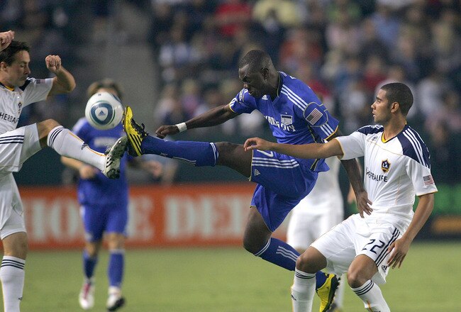 CARSON, CA - AUGUST 28: Birahim Diop #27 of the Kansas City Wizards and Todd Dunivant #2 of the Los Angeles Galaxy vie for the ball in the first half during the MLS match at The Home Depot Center on August 28, 2010 in Carson, California. (Photo by Victor Decolongon/Getty Images)