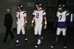 GLENDALE, AZ - DECEMBER 6:  Quarterbacks  Brett Favre #4, Sage Rosenfels #2 and Tarvaris Jackson #7 of the Minnesota Vikings walk through the tunnel before the game against the Arizona Cardinals at University of Phoenix Stadium on December 6, 2009 in Glendale, Arizona.  (Photo by Christian Petersen/Getty Images)