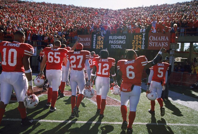 27 Oct 2001:  The Nebraska Cornhuskers celebrate as they walk to the locker room after the game against the Oklahoma Sooners  at Memorial Sadium in Lincoln, Nebraska. The Cornhuskers defeated the Sooners 20-10.Mandatory Credit: Scott Halleran/ Allsport