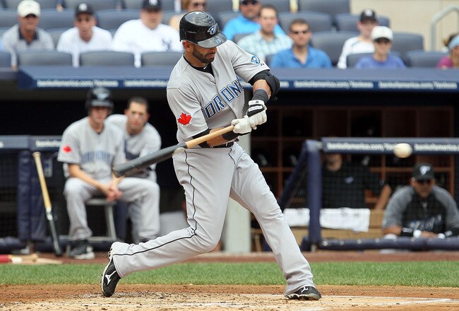 NEW YORK - AUGUST 04:  Jose Bautista #19 of the Toronto Blue Jays bats against the New York Yankees on August 4, 2010 at Yankee Stadium in the Bronx borough of New York City.  (Photo by Jim McIsaac/Getty Images)