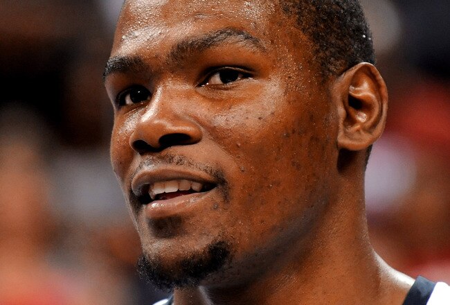LAS VEGAS - JULY 24:  Kevin Durant #5 of the 2010 USA Basketball Men's National Team smiles after a USA Basketball showcase at the Thomas & Mack Center July 24, 2010 in Las Vegas, Nevada.  (Photo by Ethan Miller/Getty Images)