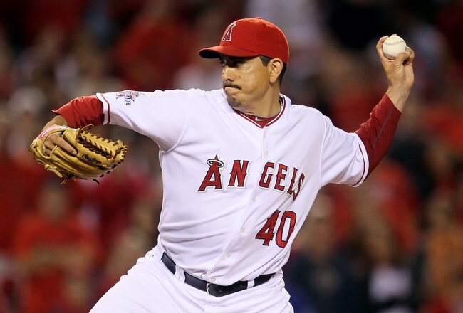 ANAHEIM, CA - JULY 01:  Brian Fuentes #40 of the Los Angeles Angels of Anaheim pitches against the Texas Rangers in the ninth inning at Anaheim Stadium on July 1, 2010 in Anaheim, California. The Angels defeated the Rangers 2-1.  (Photo by Jeff Gross/Getty Images)