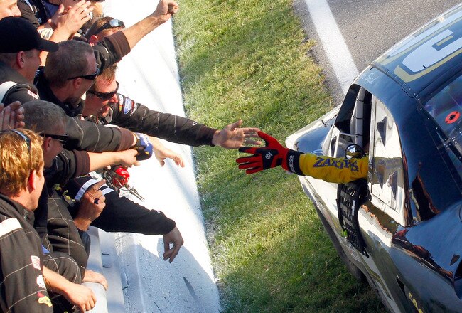 MONTREAL, QC - AUGUST 29:  Boris Said, driver of the #09 Zaxby's Fordcelebrates with team members after winning the NASCAR Nationwide Series Napa Auto Parts 200 on August 29, 2010 at the Circuit Gilles Villeneuve in Montreal, Quebec, Canada.  (Photo by Jason Smith/Getty Images)