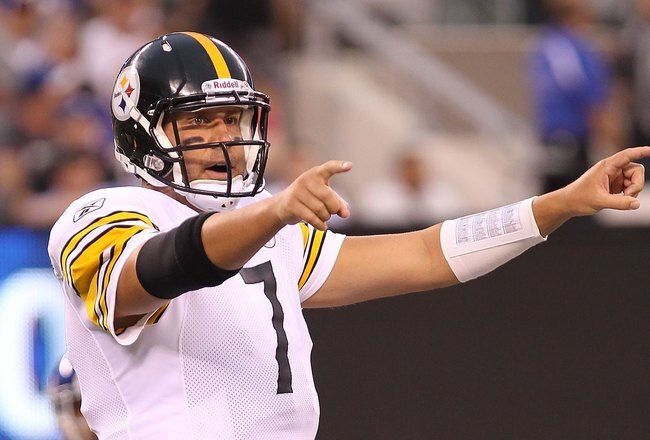 EAST RUTHERFORD, NJ - AUGUST 21:  Ben Roethlisberger #7 of the Pittsburgh Steelers  against the New York Giants during their preseason game at New Meadowlands Stadium on August 21, 2010 in East Rutherford, New Jersey.  (Photo by Nick Laham/Getty Images)