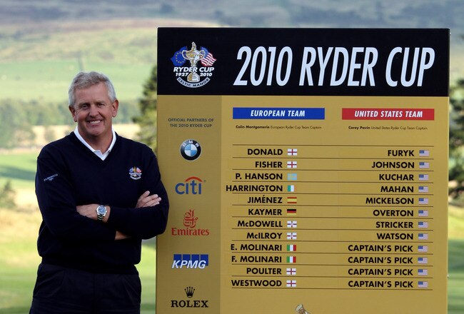 AUCHTERARDER, SCOTLAND - AUGUST 29: Colin Montgomerie, The European Ryder Cup Captain after announcing  his three wild card pick is pictured with his Ryder Cup selection after the final round of The Johnnie Walker Championship at the Gleneagles Hotel and Resort on August 29, 2010 in Auchterarder, Scotland.  (Photo by Ross Kinnaird/Getty Images)