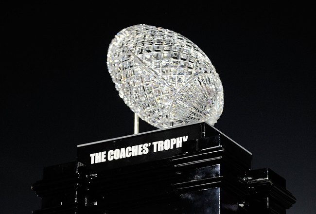 PASADENA, CA - JANUARY 07:  The BCS National Championship trophy which was won by the Alabama Crimson Tide after winning the Citi BCS National Championship game over the Texas Longhorns at the Rose Bowl on January 7, 2010 in Pasadena, California. The Crimson Tide defeated the Longhorns 37-21.  (Photo by Kevork Djansezian/Getty Images)