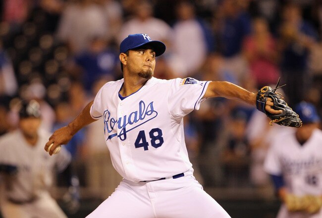 KANSAS CITY, MO - AUGUST 13:  Pitcher Joakim Soria #48 of the Kansas City Royals pitches during the game against the New York Yankees on August 13, 2010 at Kauffman Stadium in Kansas City, Missouri.  (Photo by Jamie Squire/Getty Images)