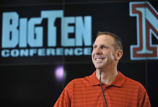 LINCOLN, NE. - JUNE 11:  University of Nebraska football coach Bo Pelini jokes with members of the media at a press conference announcing Nebraska accepting an invitation to join the Big Ten Conference June 11, 2010  in Lincoln, Nebraska.  The university will begin integration immediately and start athletic competition as soon as 2011. (Photo by Eric Francis/Getty Images)