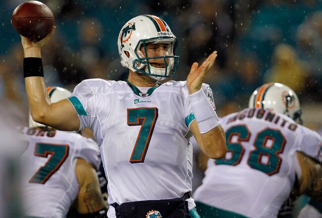 JACKSONVILLE, FL - AUGUST 21:  Quarterback Chad Henne #7 of the Miami Dolphins attempts a pass during the preseason game against the Jacksonville Jaguars at EverBank Field on August 21, 2010 in Jacksonville, Florida.  (Photo by Sam Greenwood/Getty Images)