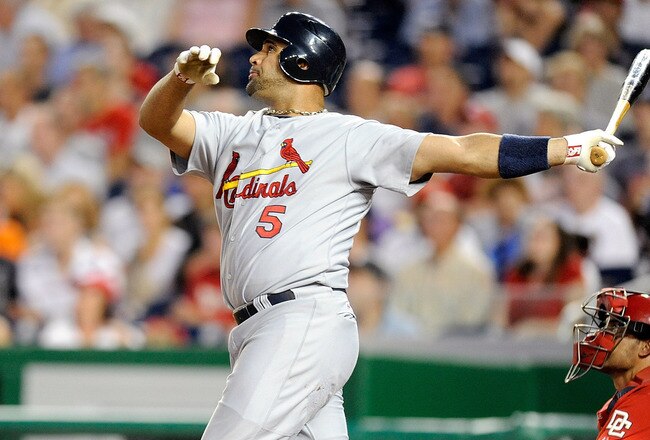 WASHINGTON - AUGUST 26:  Albert Pujols #5 of the St. Louis Cardinals hits a home run in the fourth inning against the Washington Nationals at Nationals Park on August 26, 2010 in Washington, DC. It was the 400th home run of his career.  (Photo by Greg Fiume/Getty Images)