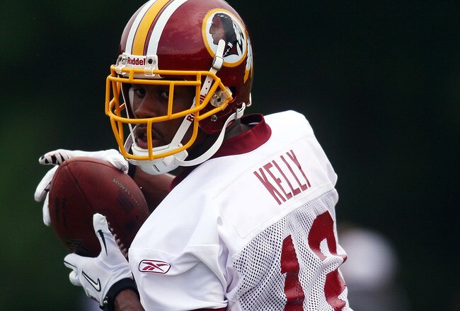 ASHBURN, VA - JULY 29:  Wide Receive Malcom Kelly #12 of the Washington Redskins catches a pass during drills on the first day of training camp July 29, 2010 in Ashburn, Virginia.  (Photo by Win McNamee/Getty Images)