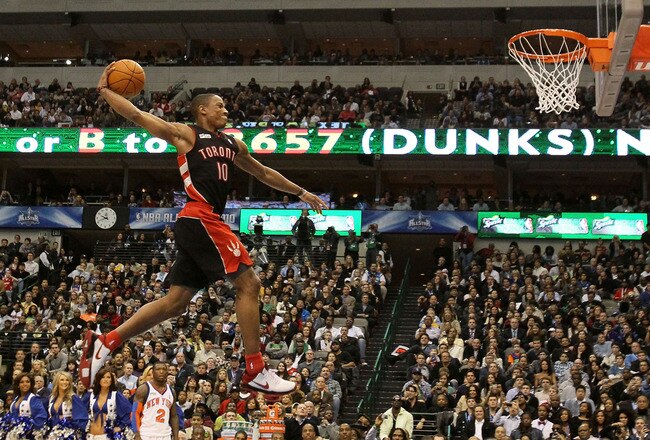 DALLAS - FEBRUARY 13:  DeMar DeRozan #10 of the Toronto Raptors goes up for a dunk during the Sprite Slam Dunk Contest on All-Star Saturday Night, part of 2010 NBA All-Star Weekend at American Airlines Center on February 13, 2010 in Dallas, Texas. NOTE TO USER: User expressly acknowledges and agrees that, by downloading and or using this photograph, User is consenting to the terms and conditions of the Getty Images License Agreement.  (Photo by Jed Jacobsohn/Getty Images)