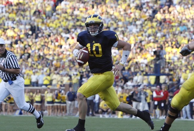 ANN ARBOR, MI - SEPTEMBER 27:  Steven Threet #10 of the Michigan Wolverines runs with the ball during the game against the Wisconsin Badgers on September 27, 2008 at Michigan Stadium in Ann Arbor, Michigan. (Photo by Gregory Shamus/Getty Images)