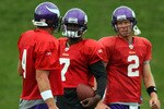 EDEN PRAIRIE, MN - AUGUST 18: Quarterbacks Brett Favre #4, Tarvaris Jackson #7 and Sage Rosenfels #2 of the Minnesota Vikings participate in Favre's first morning practice since returning to Vikings Winter Park on August 18, 2010 in Eden Prairie, Minnesota. Favre injured his ankle last year and had been reportedly considering retiring after one season with the Vikings.  (Photo by Adam Bettcher/Getty Images)