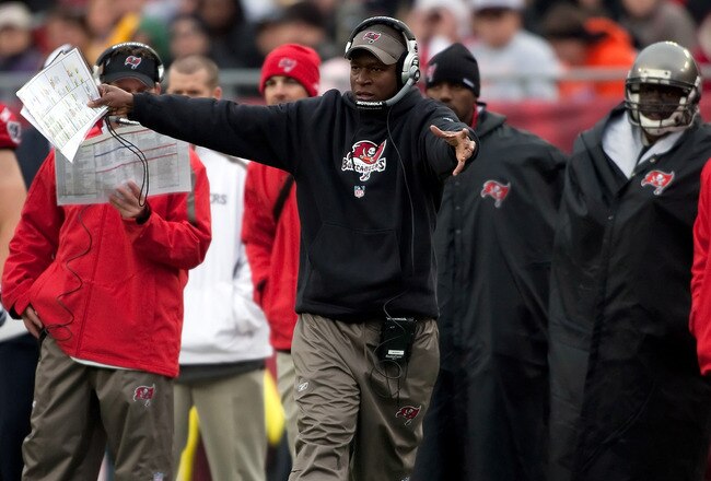 TAMPA, FL - JANUARY 03:  Head coach Raheem Morris of the Tampa Bay Buccaneers directs his team against the Atlanta Falcons during the game at Raymond James Stadium on January 3, 2010 in Tampa, Florida.  (Photo by J. Meric/Getty Images)