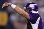MINNEAPOLIS - AUGUST 28:  Brett Favre #4 of the Minnesota Vikings gives instructions against the Seattle Seahawks during a preseason NFL game at Mall of America Field at the Hubert H. Humphrey Metrodome on August 28, 2010  in Minneapolis, Minnesota.  (Photo by Chris McGrath/Getty Images)