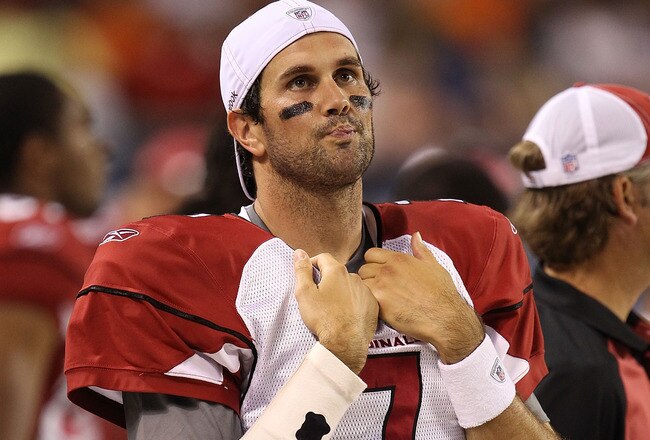 CHICAGO - AUGUST 28: Matt Leinart #7 of the Arizona Cardinals walks in the bench area during a preseason game against the Chicago Bears at Soldier Field on August 28, 2010 in Chicago, Illinois. The Cardinals defeated the Bears 14-9. (Photo by Jonathan Daniel/Getty Images)