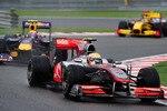 SPA FRANCORCHAMPS, BELGIUM - AUGUST 29:  Race winner Lewis Hamilton of Great Britain and McLaren Mercedes leads from second placed Mark Webber of Australia and Red Bull Racing and third placed Robert Kubica of Poland and Renault during the Belgian Formula One Grand Prix at the Circuit of Spa Francorchamps on August 29, 2010 in Spa Francorchamps, Belgium.  (Photo by Clive Mason/Getty Images)