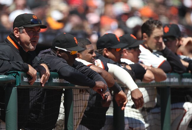 SAN FRANCISCO - AUGUST 14:  Manager Bruce Bochy of the San Francisco Giants looks on against the San Diego Padres during an MLB game at AT&T Park on August 14, 2010 in San Francisco, California.  (Photo by Jed Jacobsohn/Getty Images)