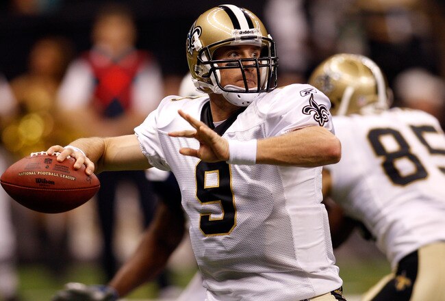 NEW ORLEANS - AUGUST 27:  Drew Brees #9 of the New Orleans Saints in action against the San Diego Chargers at the Louisiana Superdome on August 27, 2010 in New Orleans, Louisiana.  (Photo by Chris Graythen/Getty Images)