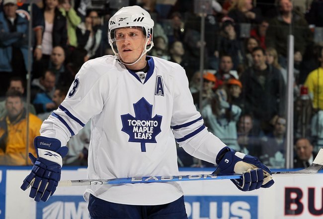 UNIONDALE, NY - MARCH 14:  Dion Phaneuf #3 of the Toronto Maple Leafs skates against the New York Islanders on March 14, 2010 at Nassau Coliseum in Uniondale, New York. The Isles defeated the Leafs 4-1.  (Photo by Jim McIsaac/Getty Images)
