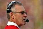 PASADENA, CA - JANUARY 01:  Head coach Jim Tressel of the Ohio State Buckeyes stands on the sidelines during the 96th Rose Bowl game against the Oregon Ducks on January 1, 2010 in Pasadena, California.  (Photo by Stephen Dunn/Getty Images)