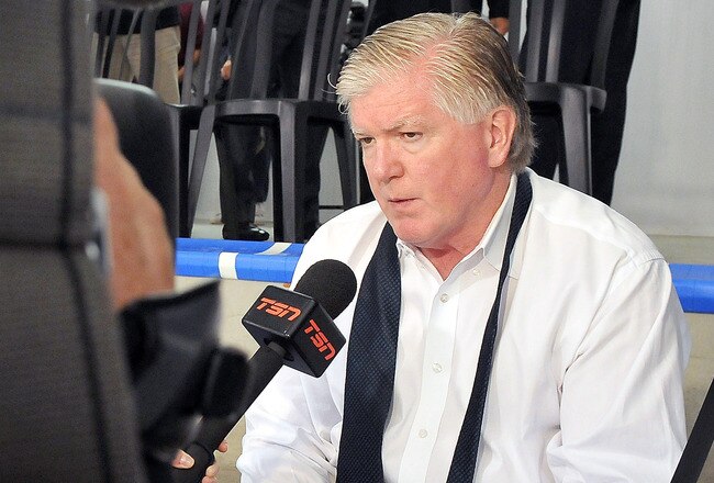 TORONTO, ON - AUGUST 18: Toronto Maple Leafs General Manager Brian Burke speaks to the media during the afternoon session of the 2010 NHL Research, Development and Orientation Camp at the Mastercard Center on August 18, 2010 in Toronto, Canada.  (Photo by Matthew Manor/Getty Images)